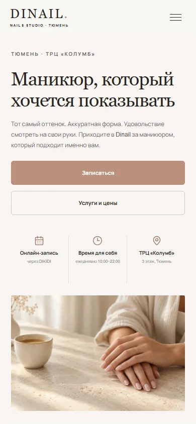 Мобильный первый экран сайта Dinail; фотография создана для визуальной концепции